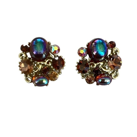 Vintage Lisner Carnival Glass  Cabochon and Rhinestone earrings - Picture 1 of 4